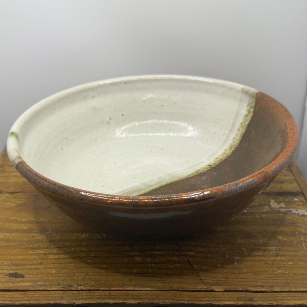 Artisan Studio Pottery Two Tone Brown White Crackle Glaze Stoneware Serving Bowl